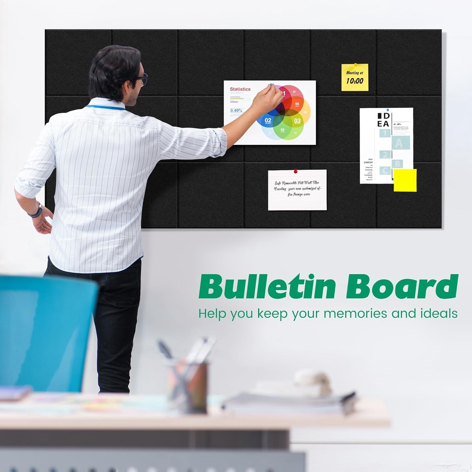 12 Pack Bulletin Board Topboutique Square Felt Wall Tiles Cork Board Large Corkboards Safe Removable Adhesive Tabs Corkboard Alternative for Wall with Pushpins for Home Office,12" x 12"-Black