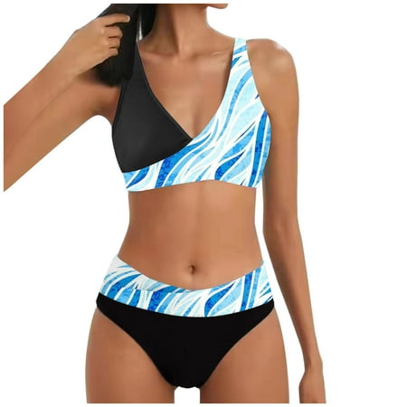 QYZEU Womens Swimsuits Tankini Clearance Women Swimsuits Shorts Women s Two Piece Bikini Split Print Hot Push Up Bikini Swimsuit V Neck Lightweight Top Women Light Blue 2XL