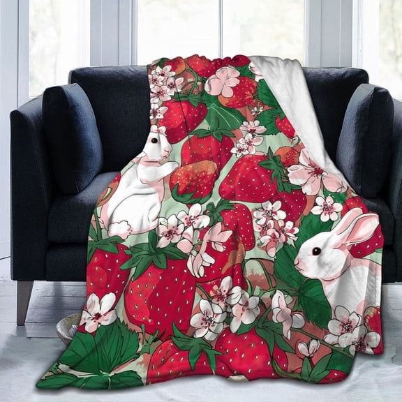 Kawaii Strawberry Bunny Throw Blanket, Cute Fruit Pattern Flannel Fleece, Soft Lightweight Decorative Blanket for Sofa, Bed & Home 50x40