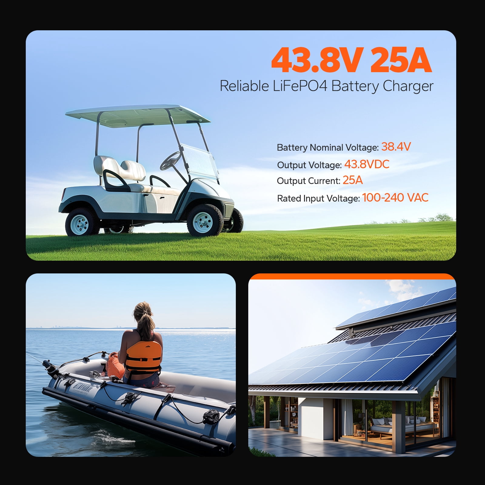 LiTime 43.8V 25A Lithium Battery Charger for 36V(38.4V) LiFePO4 Lithium Battery, IP65 Waterproof Wide Applications for Golf Cart, RV, 36V Trolling Motor