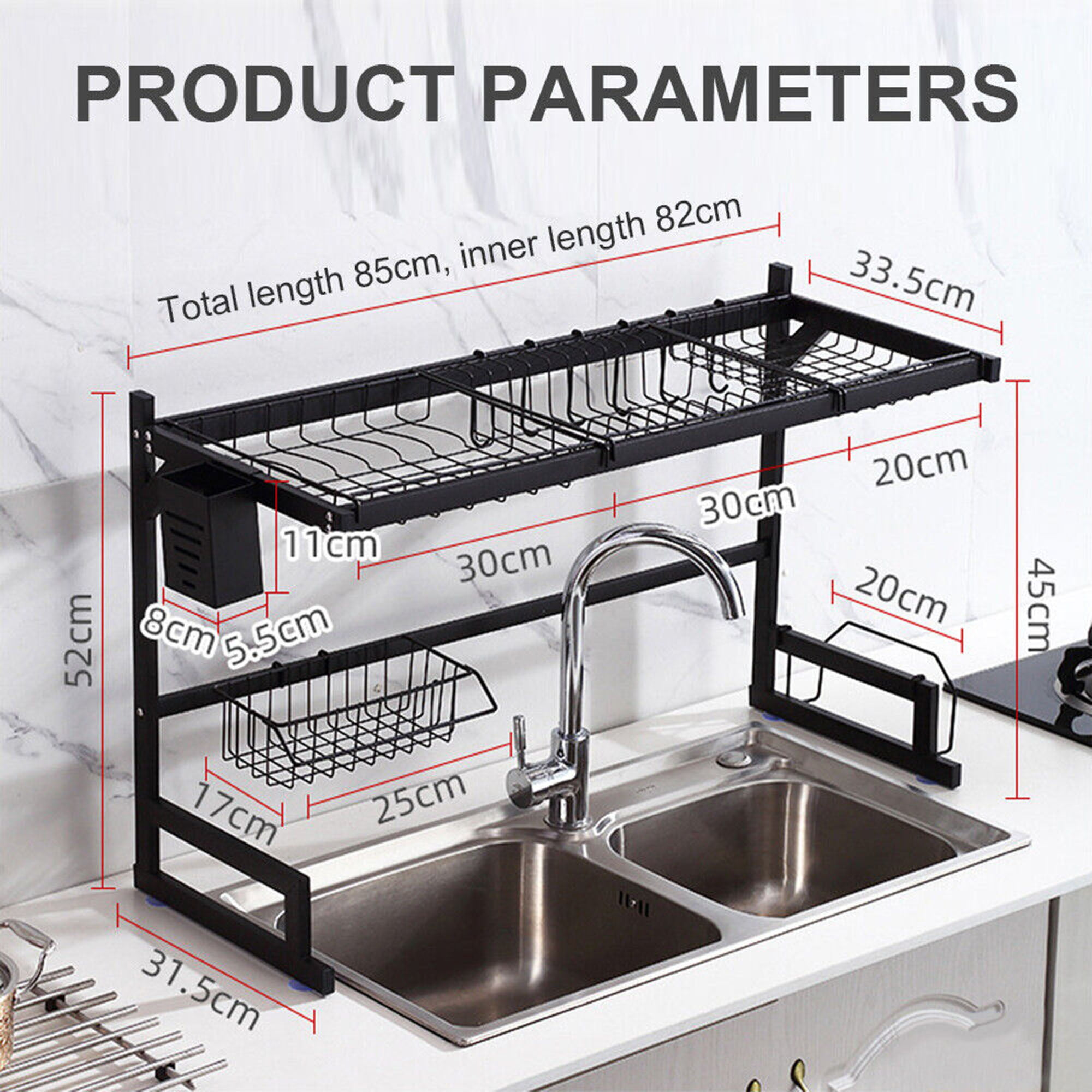 Yodudm 2 Tier 23.6-37.8 Inch Width Adjustable Over The Sink Dish Drying Rack  Stainless Steel Kitchen Storage Shelf Matte Black Pan Organizer Space Saver  with Utensils Holder Knife Stand Hooks 