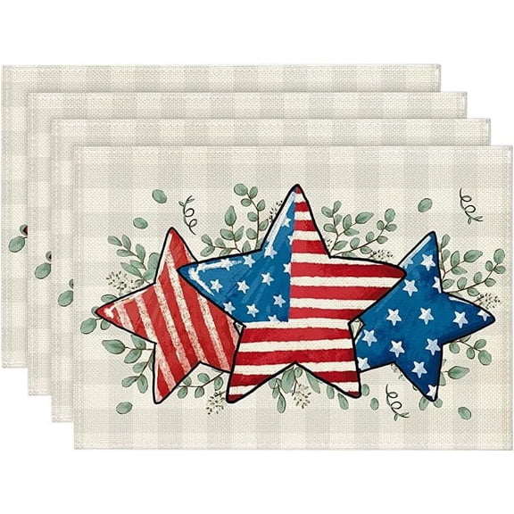 American Flag Stars Eucalyptus 4th of July Placemats Set of 4, 12x18 Inch Seasonal Patriotic Memorial Day Table Mats for Party Kitchen Dining Decoration Red