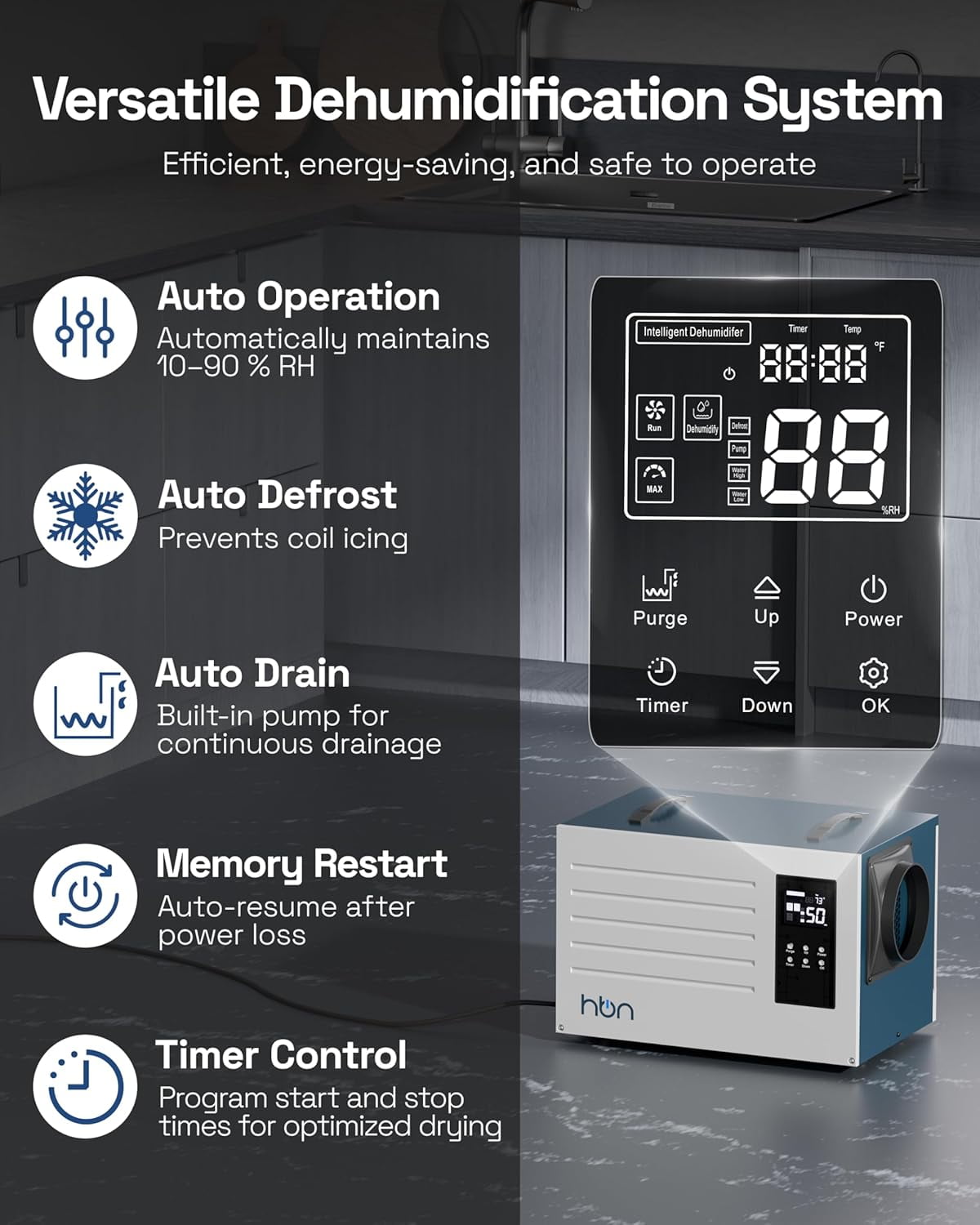 HBN 125 Pints Commercial Dehumidifier with Pump and Drain Hose, Industrial Dehumidifier for Basement and Crawl Space up to 6500 Sq. Ft, Large Capacity, Built-in 24-Hour Timer