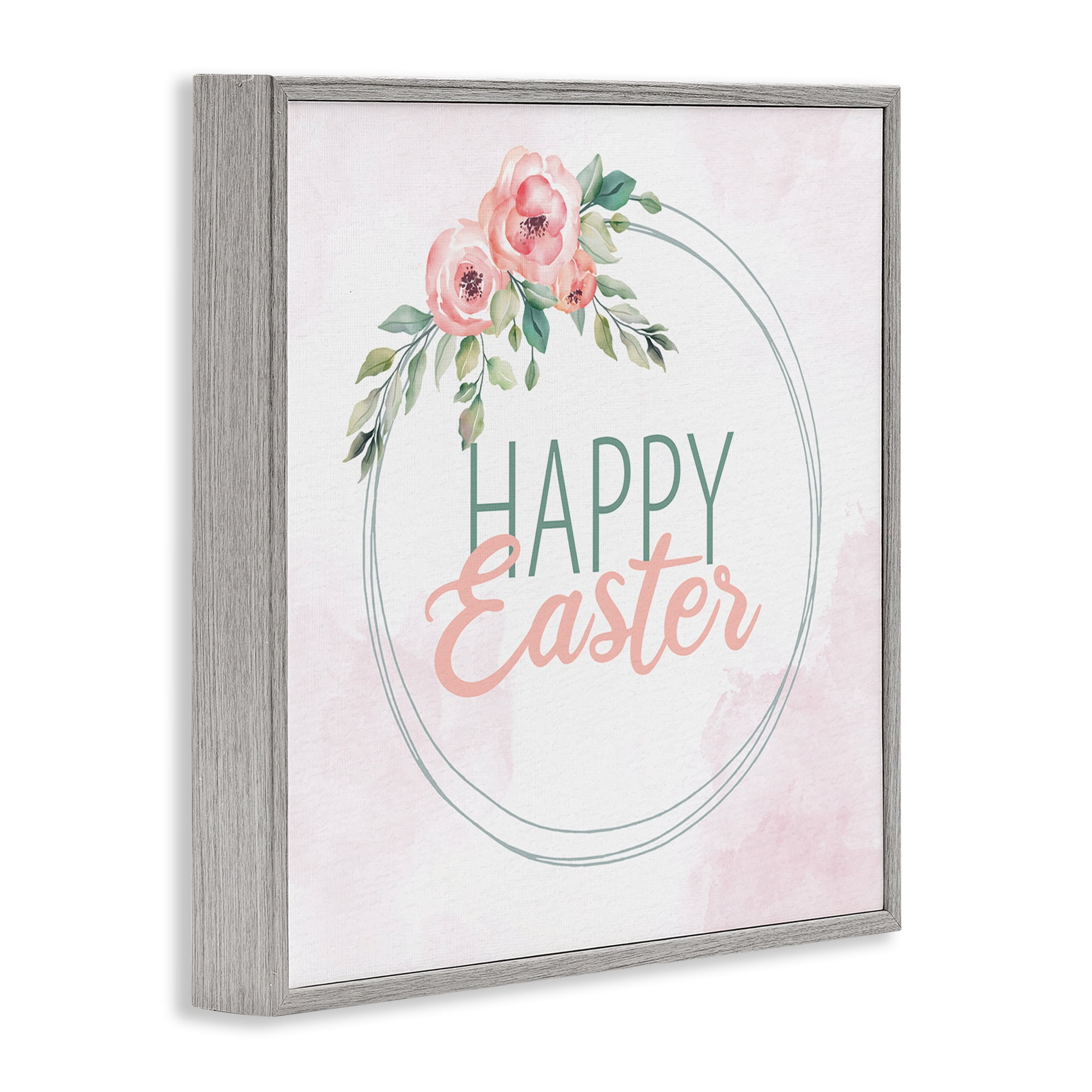 Happy Easter Round Floral Border Pastel Pink Design Gray Framed Giclee Art, 24 x 24, By Kim Allen
