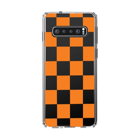 DistinctInk Clear Shockproof Hybrid Case for Samsung Galaxy S10 (6.1" Screen) - TPU Bumper, Acrylic Back, Tempered Glass Screen Protector - Tennessee Checkerboard - Orange, Clear