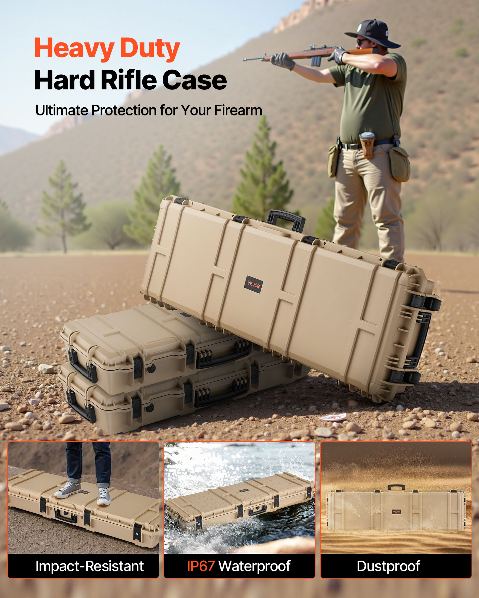 VEVOR Hard Rifle Case, Lockable Rifle Case with Pre-cut Foams, 52 in Gun Storage with Wheels, Heavy Duty IP67 Waterproof & Dustproof Pistol Storage Cases for Rifles, Shotguns, Airsoft Guns, Khaki
