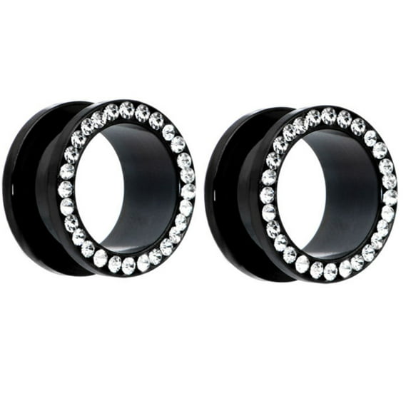 Pair of Black Titanium Clear Gem Screw Gauges Tunnels Steel Ear Plugs diamond - size=3/4" 16mm