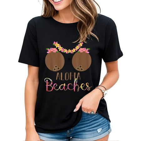 

Womens Coconut Bra Flower Boobs Shirts Hawaii Aloha Beaches Funny Souvenir Casual Short Sleeve Tops Black 3X-Large