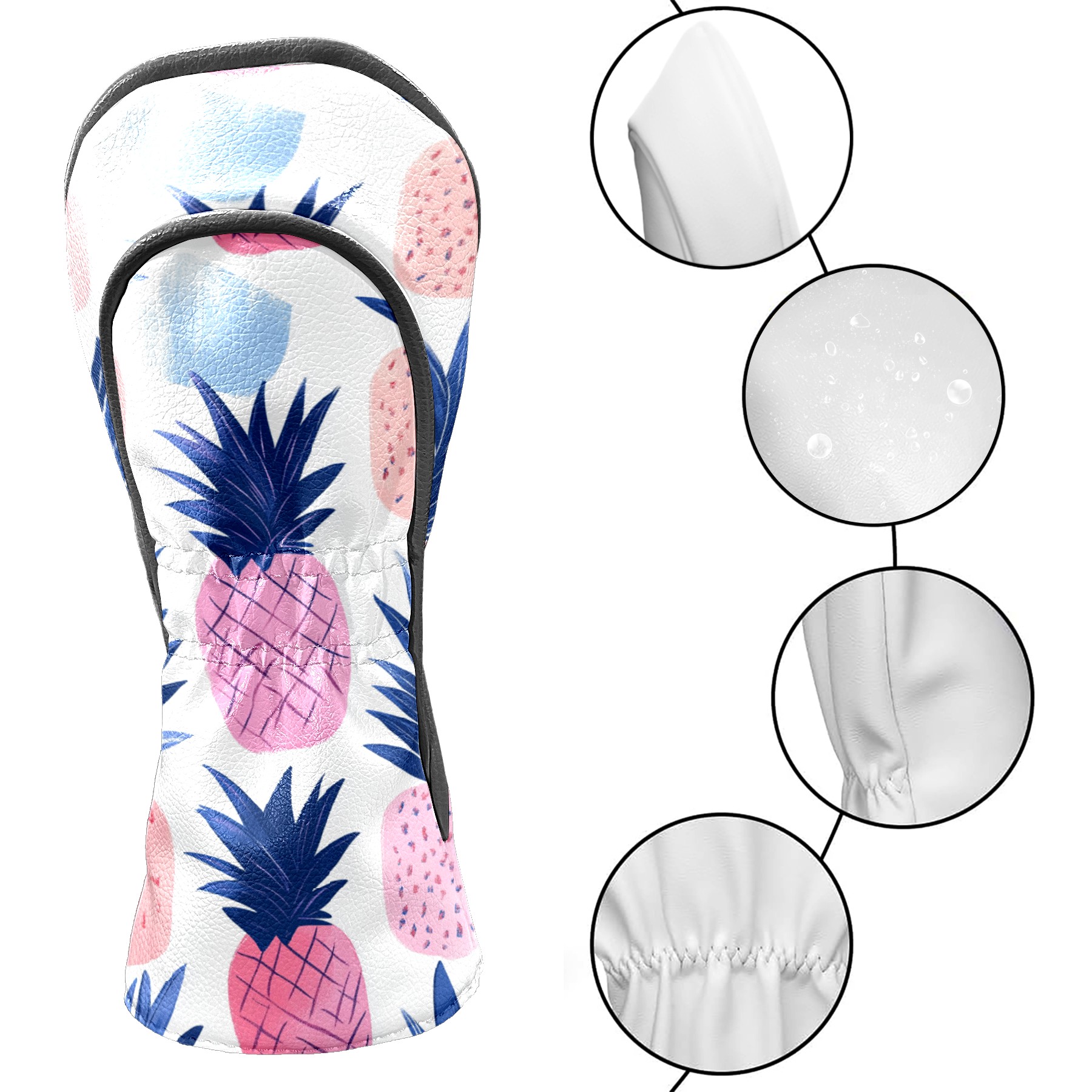 Golf Club Covers PU Leather Waterproof Head Covers for Fairway Woods Hybrids Pineapple Pattern Unisex Fits Most Brands