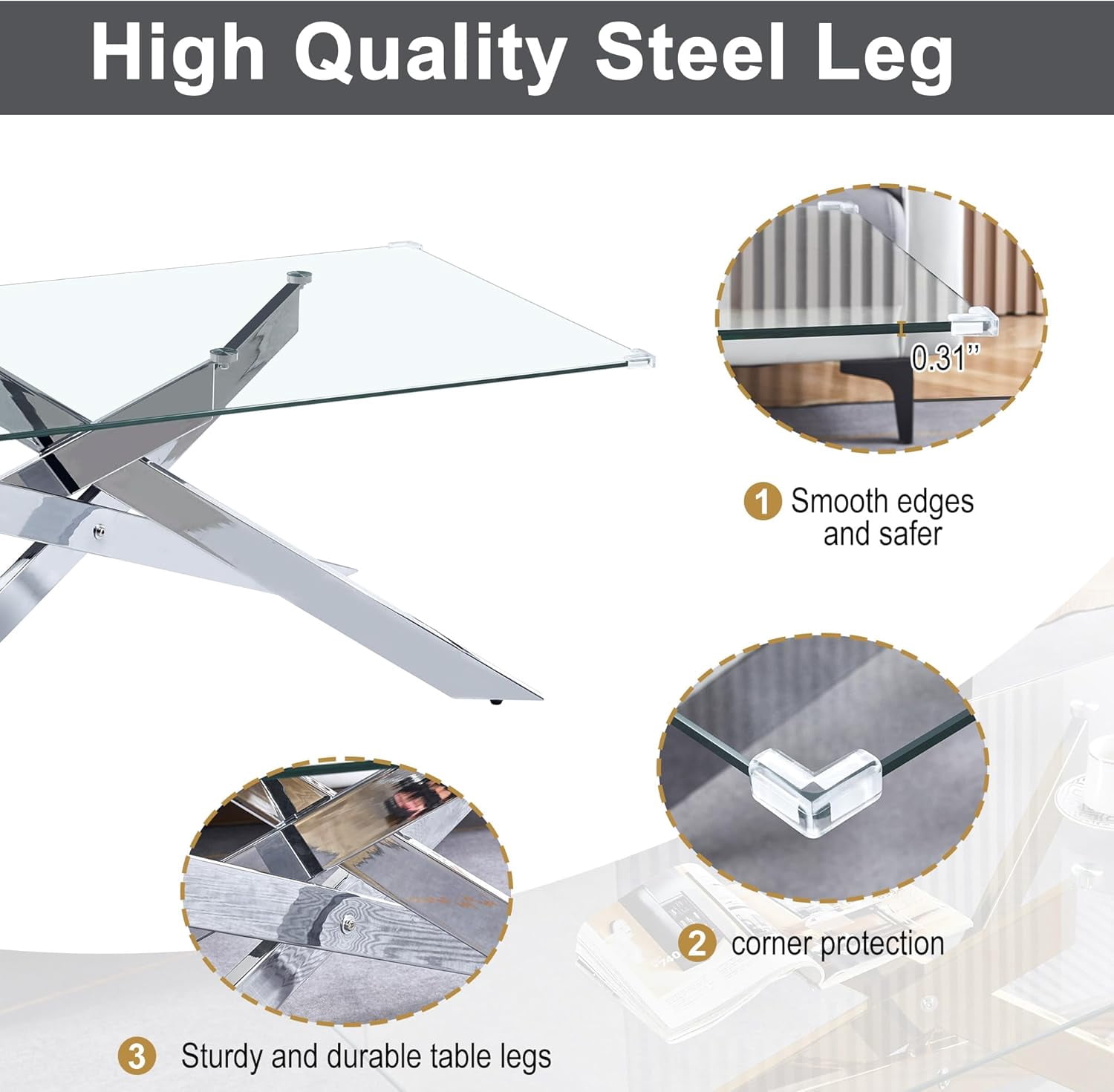 Rectangle Modern Coffee Glass Table, Tempered Glass Top and Gold Plated Metal Leg for Living Room Home Office