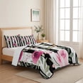 thumbnail image 5 of Full Quilt Set 78''x90'', Pink Roses Lightweight Bedspread Coverlet Set with 2 Pillow Shams, Romantic Flowers Leaves Floral Black Stripes Breathable All Season Quilt Bedding for Bedroom/Guest Room, 5 of 9