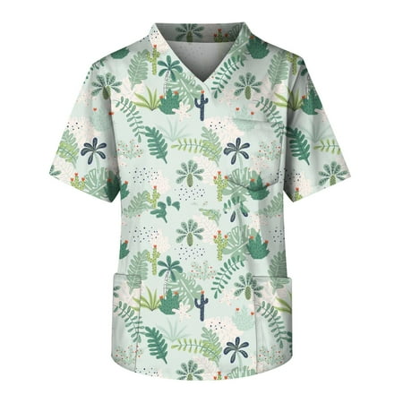 

Mlqidk Men Scrubs_tops Beach Elements Printed V Neck Cartoon Pattern Tops Nursing Working Uniform Short Sleeve T-Shirts Mint Green L