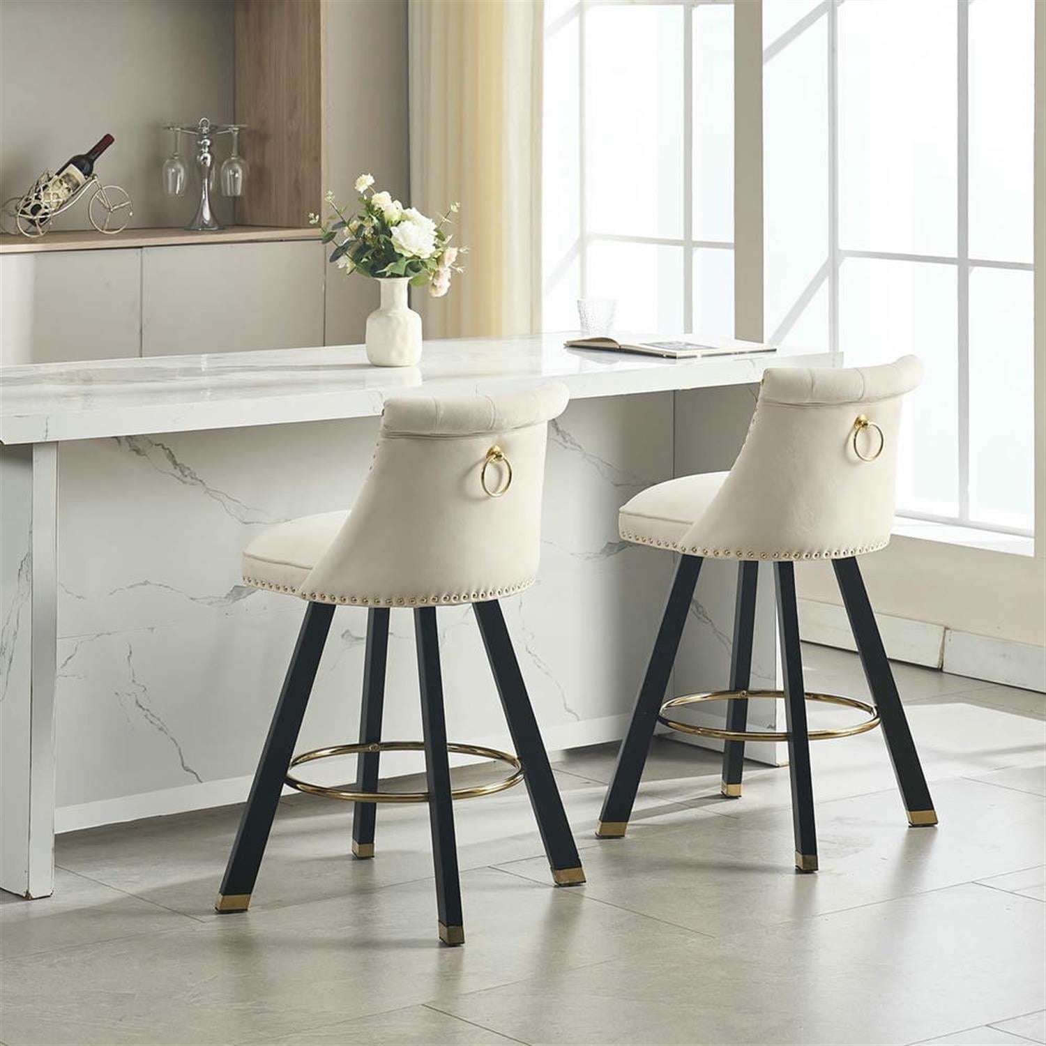 Demi Bonn 35" Counter Height Bar Stools Set of 2, Velvet Swivel Barstools with Back Pull Loop Detachable, Kitchen Island Countertop Chairs for Dining Room, Beige