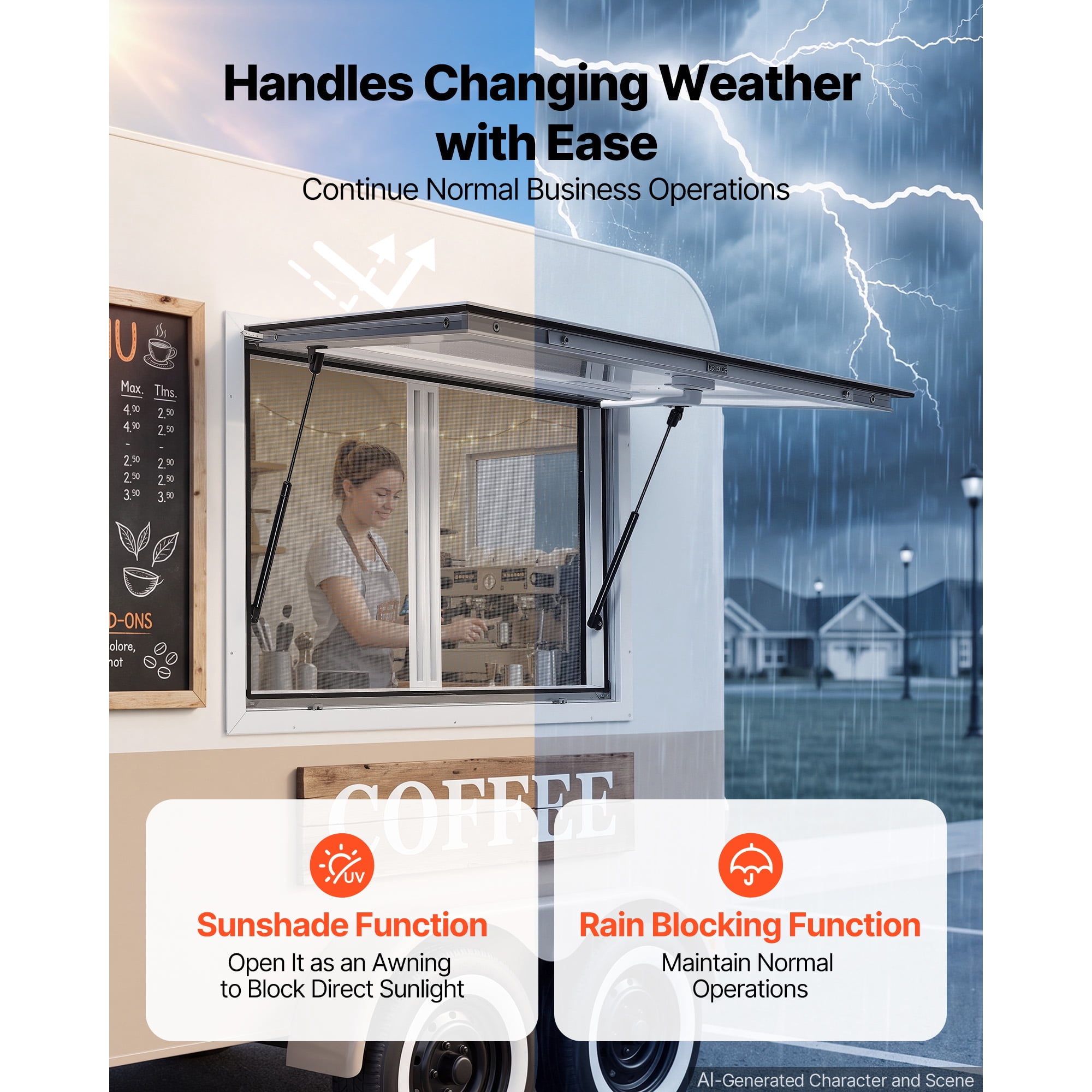 KFFKFF Concession Window 36x24 in Aluminum Alloy & Acrylic Service Window, Designed for Food Trucks, Features 85-Degree Stand Serving, Dual Sliding Screen Windows, Awning Door, Drag Hook.