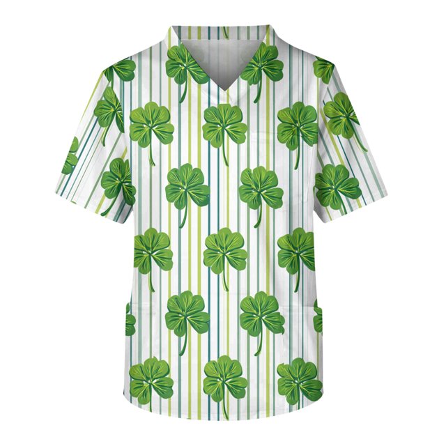 OIOLOYJM Sarraus de la Saint-Patrick pour Hommes Imprimé Trèfle Col en V Sarrau d'Infirmier Doux Extensible Uniformes d'Infirmier Ample Haut de Sarrau à Manches Courtes avec Poches Vert Menthe 3TG