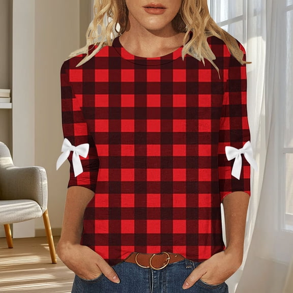 Qulqfy Womens Tops Trendy 3/4 Sleeve Plaid Spring Plus Size Shirts Gingham Crew Neck with Bow Fall Tops Womens Blouses L