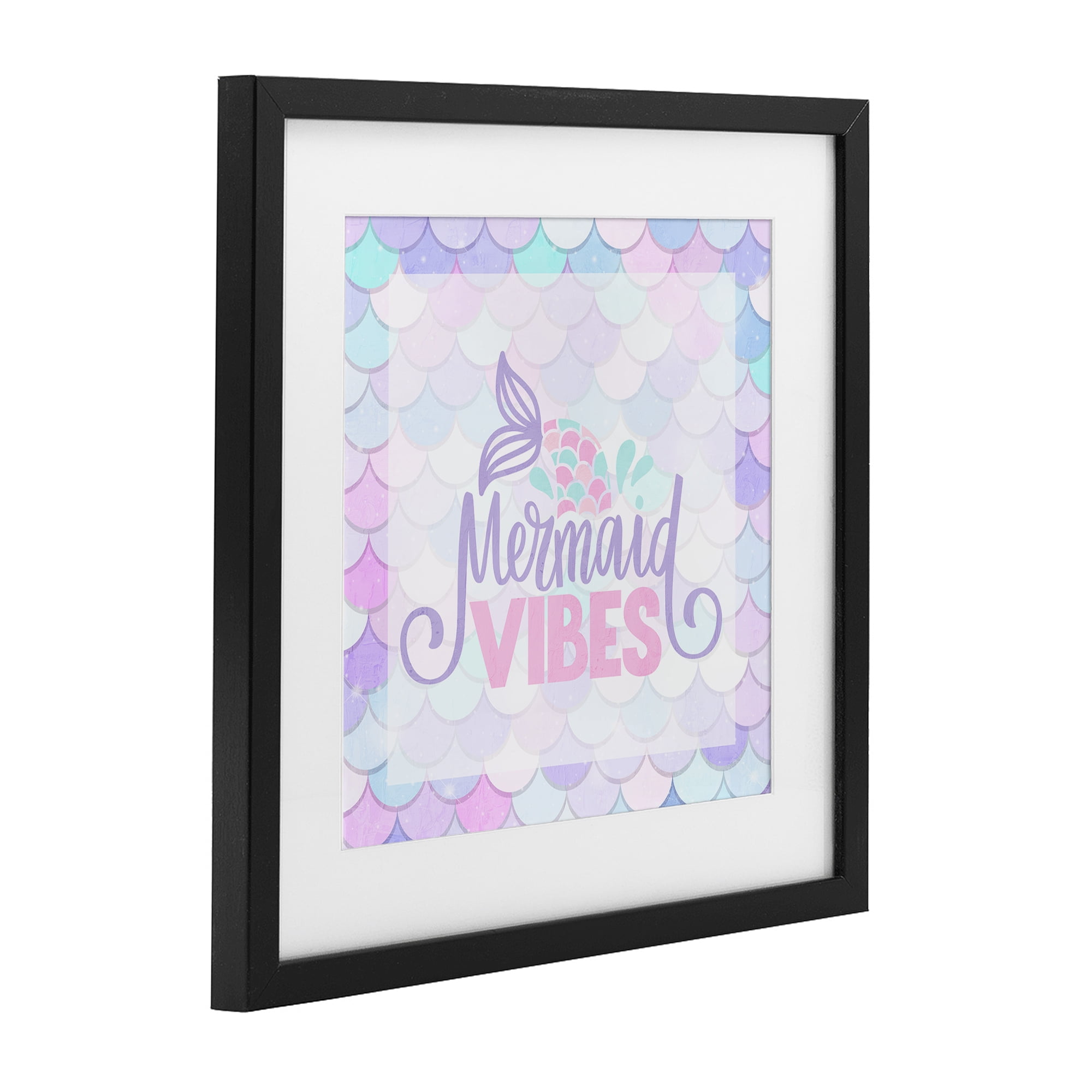 Pastel Mermaid Vibes Black Framed Print Under Glass, design by Kim Allen