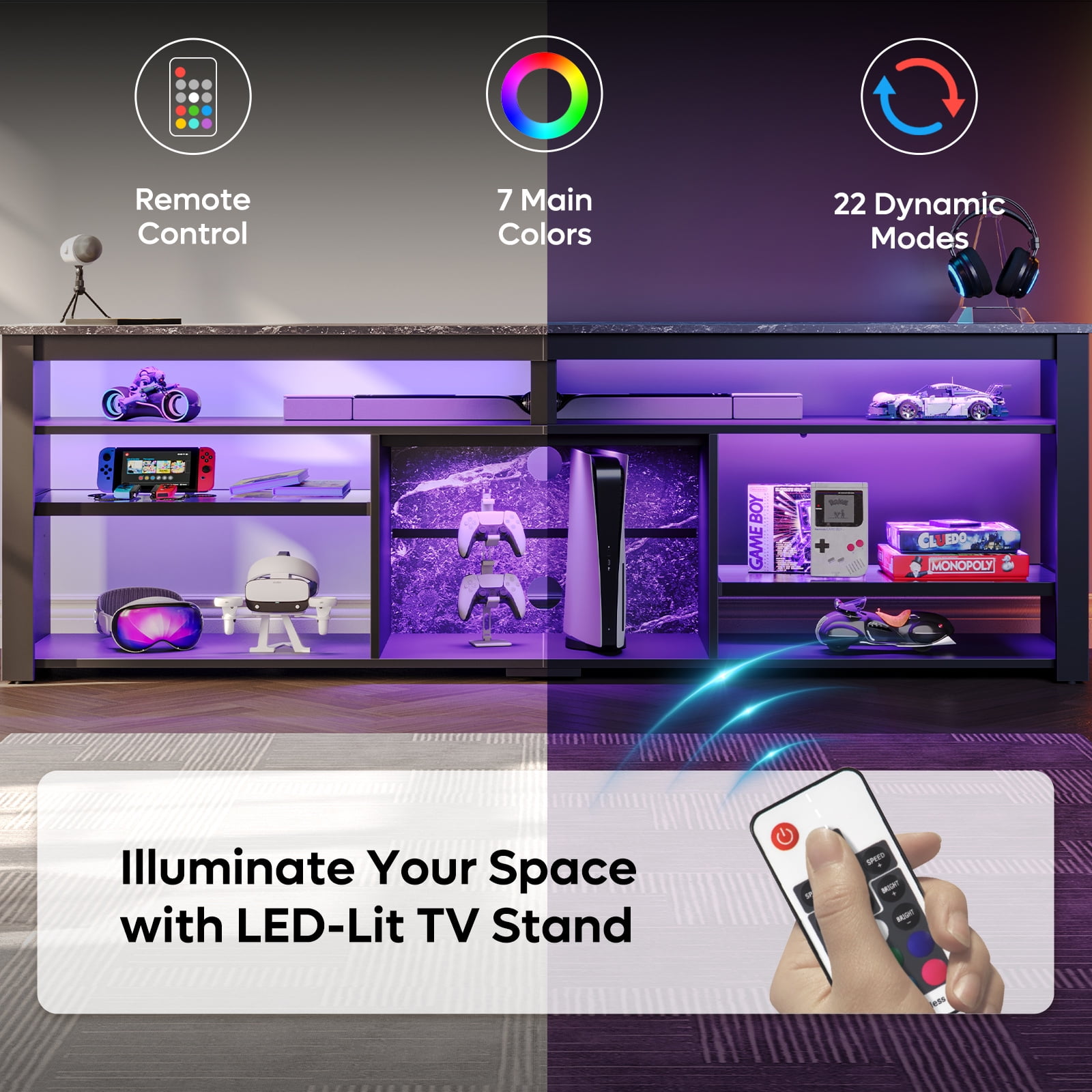 Bestier LED TV Stand for 75" TVs,Gaming Entertainment Center for PS5,Modern TV Stand for Living Room,Tall TV Stand with Storage Shelves, Black Marble