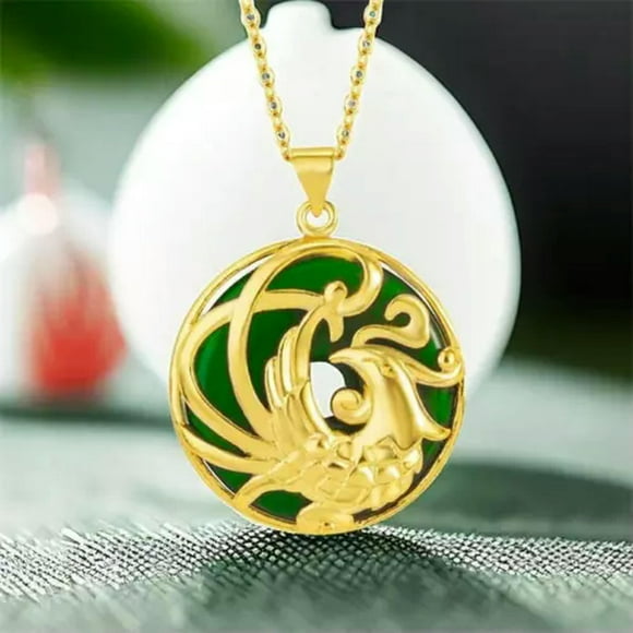 HOOUN Real Jade Phoenix Pendant Necklace Natural Jewelry 18K Gold Plated Energy