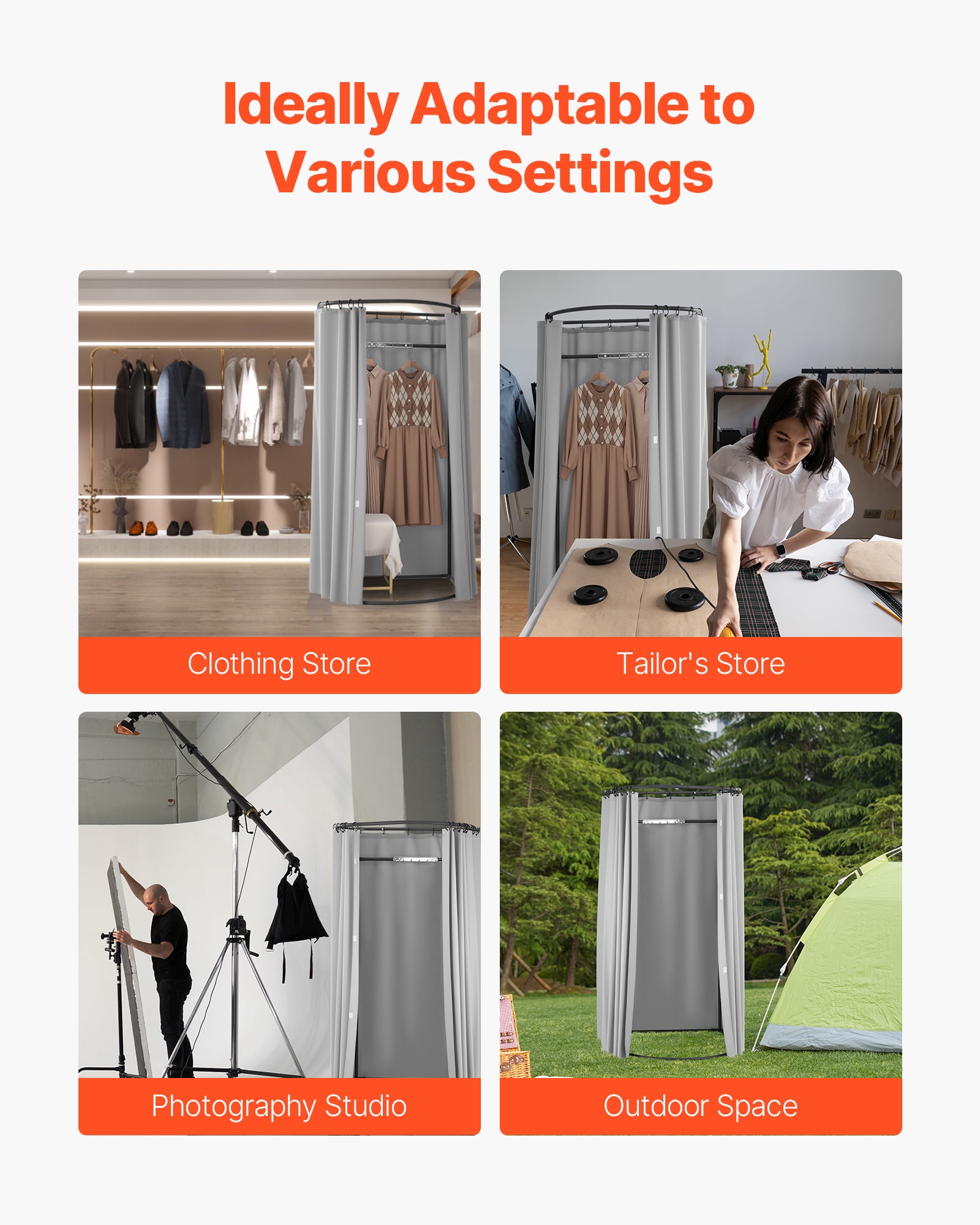 VEVOR Fitting Room, Dressing Room with Thick Polyester Curtains, Privacy Space with Shading Curtain and a Hook, for Boutique, Mall, Tailor's Store & Outdoor 39 x 37 x 79 in (Black and Gray-White)