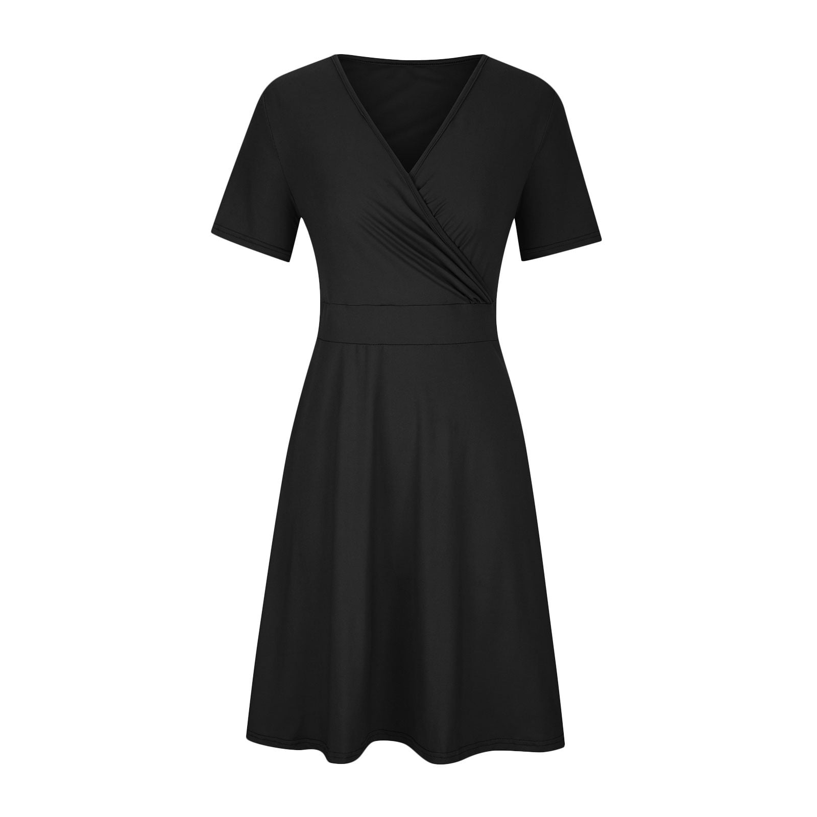 Hueook Plus Size Dresses Cocktail Dresses for Wedding Guest Womens Casual Plus Size V-Neck Solid Short Sleeve Boho Dress Dress with Pockets Black 2X