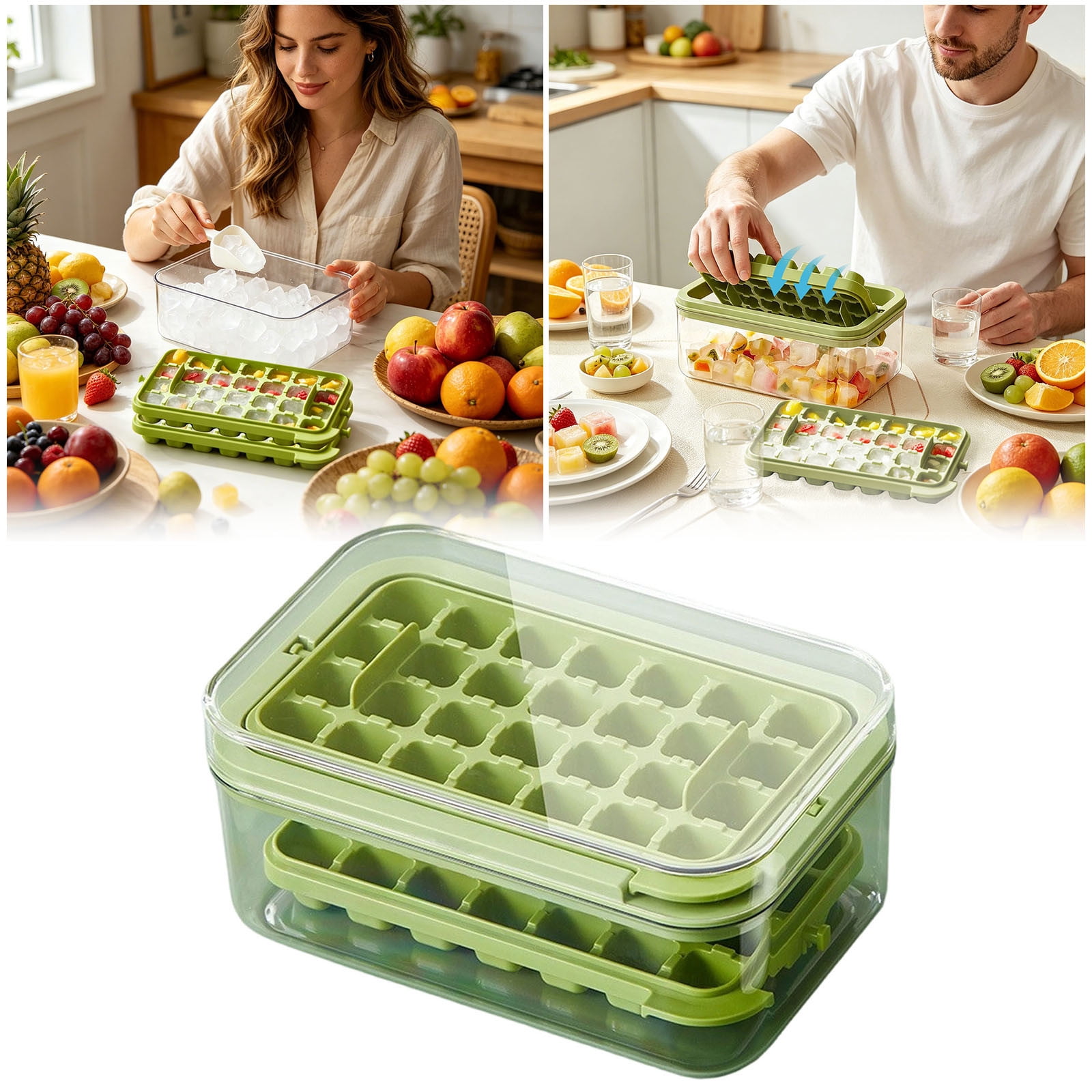 Ice Cube Tray with Lid & Bin 56 Cubes, Stackable Ice Trays for Freezer with Easy Release Silicone Bottom, for Drinks Coffee