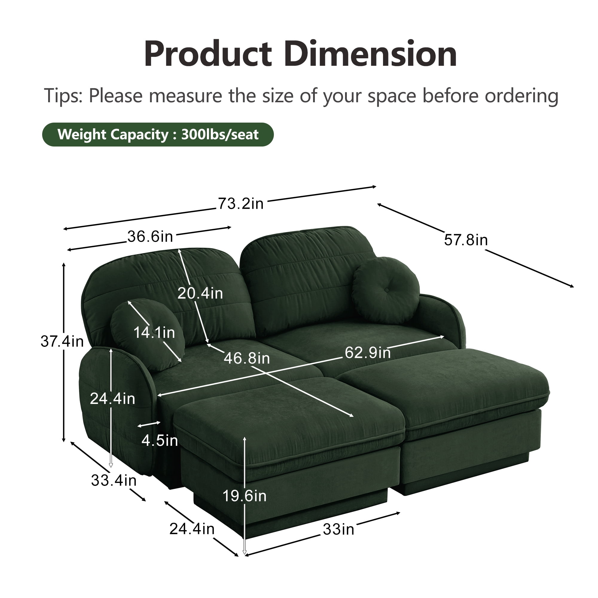Mintazer Chenille Cloud Loveseat Sofa with 2 Movable Ottoman and Round Pillows, U-Shaped Ergonomic Sofa Couch for Living Room, Bedroom, Green