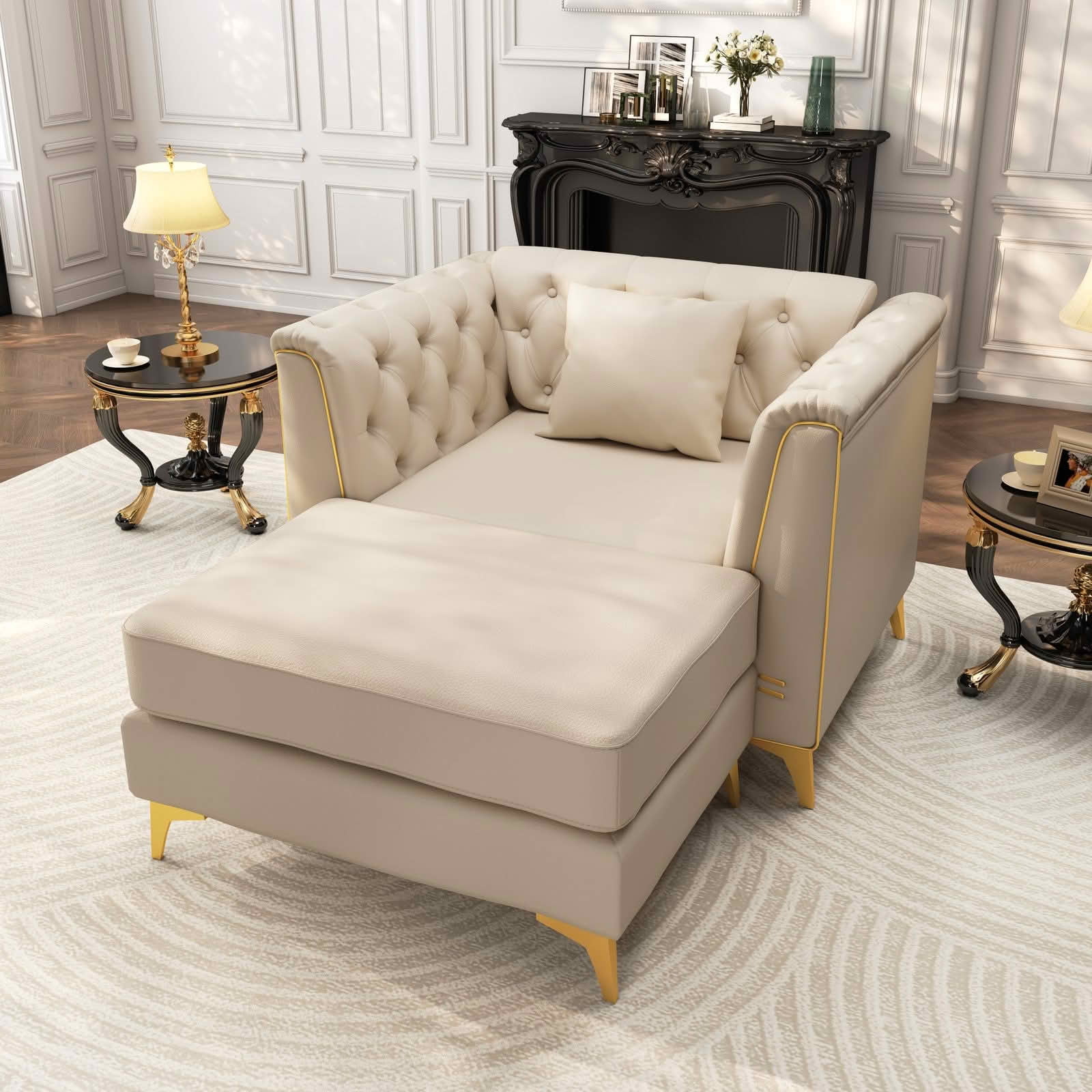 MAYEERTY 40.1" Light Luxury Modular Chesterfield Single Sofa with Ottoman, Faux‑Leather Chair with Button Tufting, Metal‑Trim Armrest & Slim Metal Legs, 1 Pillow Included