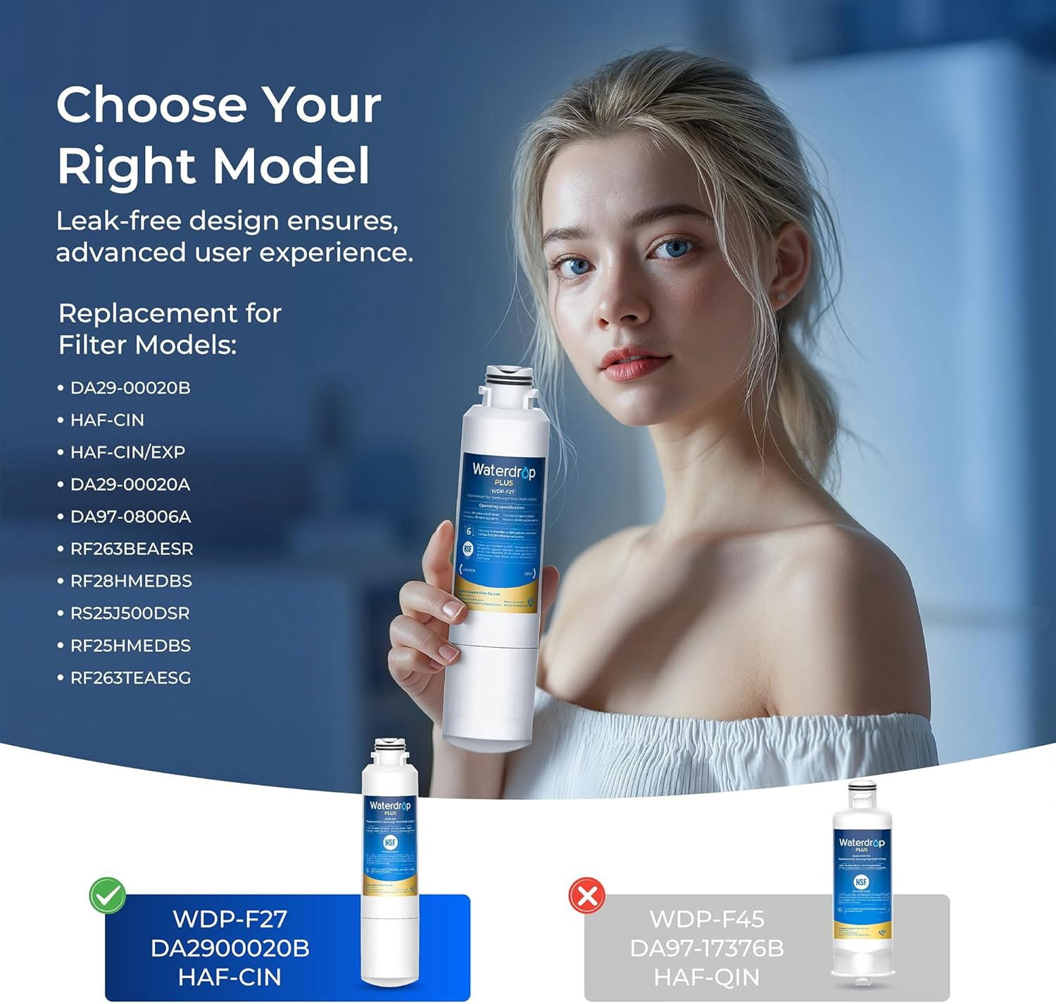 Waterdrop Plus F27 Refrigerator Water Filter, Replacement for Samsung® DA29-00020B,HAF-CIN/EXP, HAF-CIN, FMS-2, RF28HMEDBSR, RF263BEAESR, 3 Filters (Packaging May Vary)