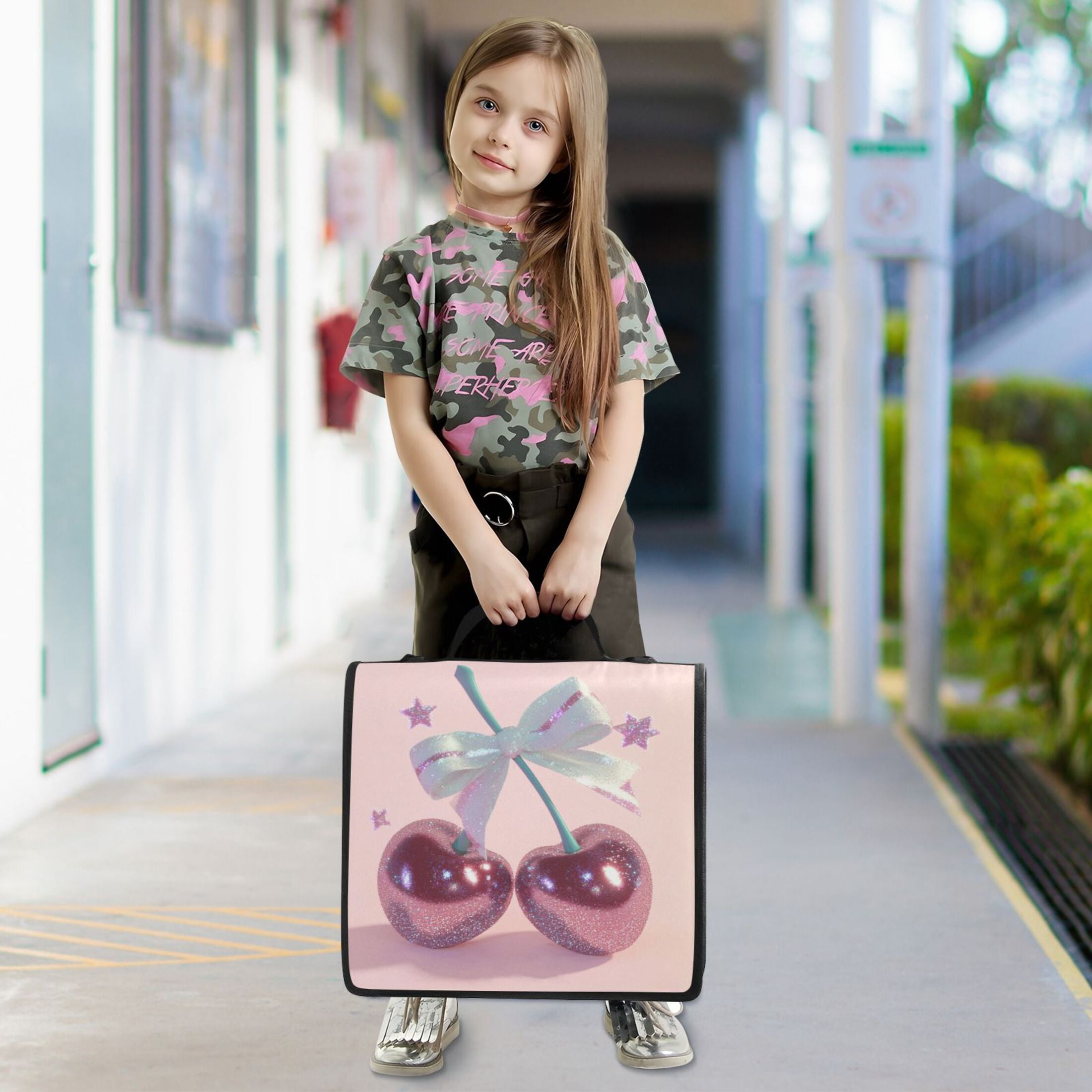 Water-Resistant 3-Ring Binder Organizer with Multiple Pockets Zipper Binder Bag for Office Pink Large Cherries