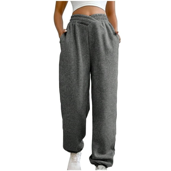 Wyobmus Womens Jogger Sweatpants Solid Color Baggy Sport Pants Comfy Elastic Waist Closed Bottom Sweatpants Trousers With Slant Pocket A-Dark Gray