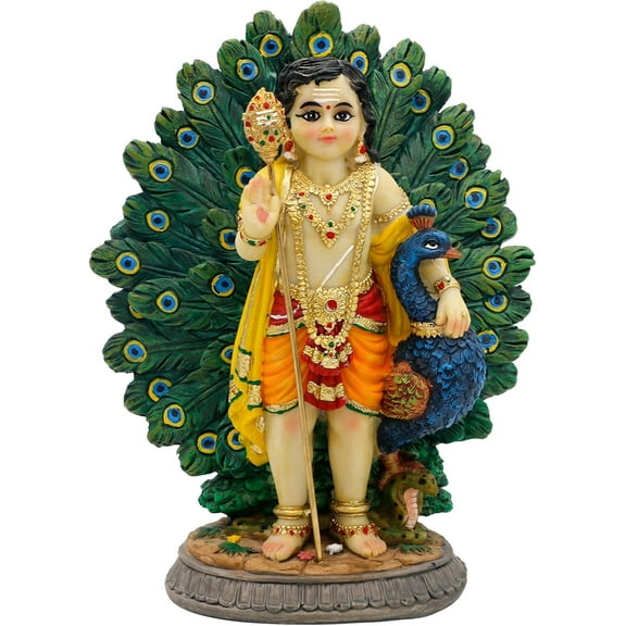 Lord Kartikeya Statue with Peacock - 6.7”H Indian Lord Murugan Idol Murti Item Home Office Temple Mandir Shrine Altar Pooja Decor India Diwali Puja Gifts for Friends Relative