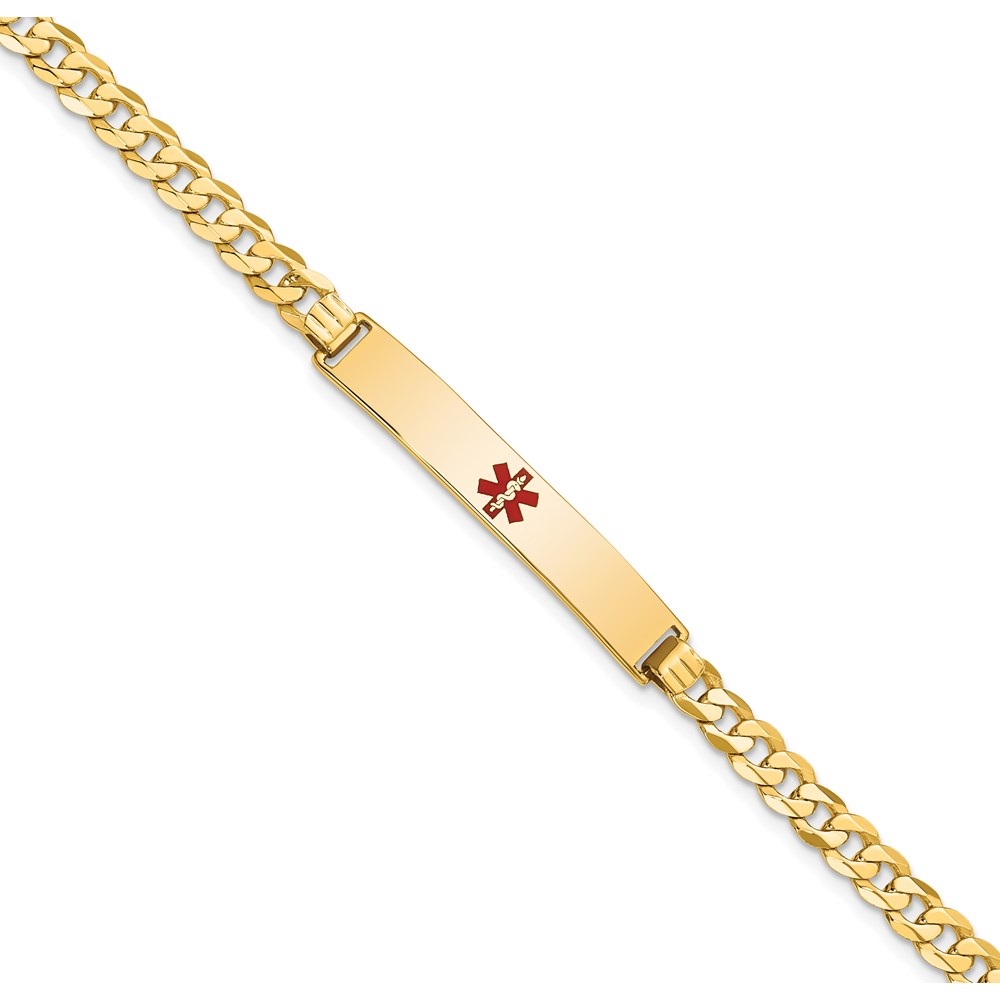 Auriga 14K Yellow Gold Red Enamel Flat Curb Link Id Bracelet 8 inch for Women(L- 8inch, W- 6.5mm)