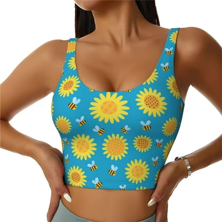 Jgfou Bee Sunflower Print Womens Sports Bra - Padded Workout Sports Bras Crop Tank Top