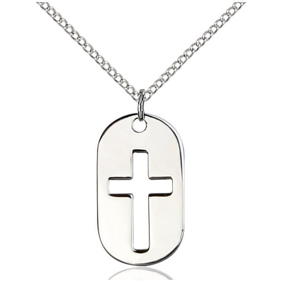 Sterling Silver Cross Dog Tag Pendant 7/8 x 1/2 inches with Sterling Silver Lite Curb Chain