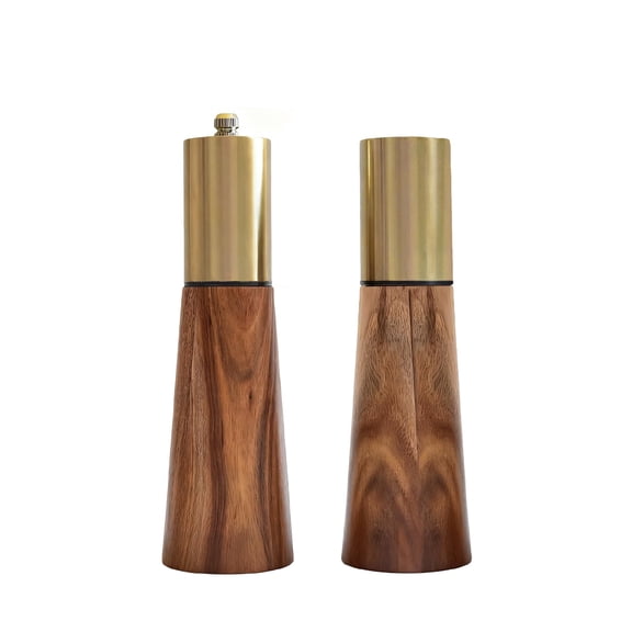 2pcs Salt and Pepper Grinder Set, Acacia Wooden Pepper Grinder with Adjustable Coarseness, Refillable Ceramic Blade Grind,Gold Pepper Mill for Kitchen