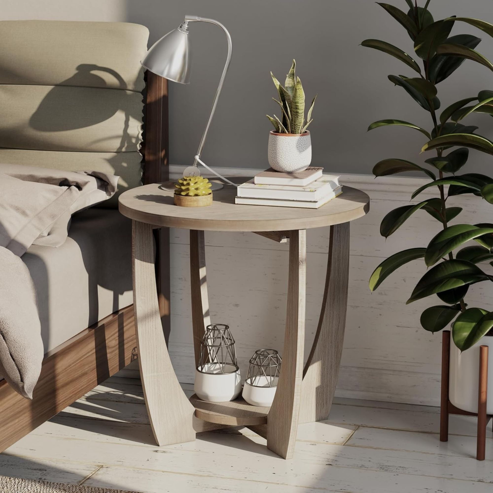 COZAYH Rustic Farmhouse End Table with Storage Shelf, French Country Accent Side Table for Family, Dinning or Living Room, Small Spaces, Modern, Round, Vintage Grey Finish