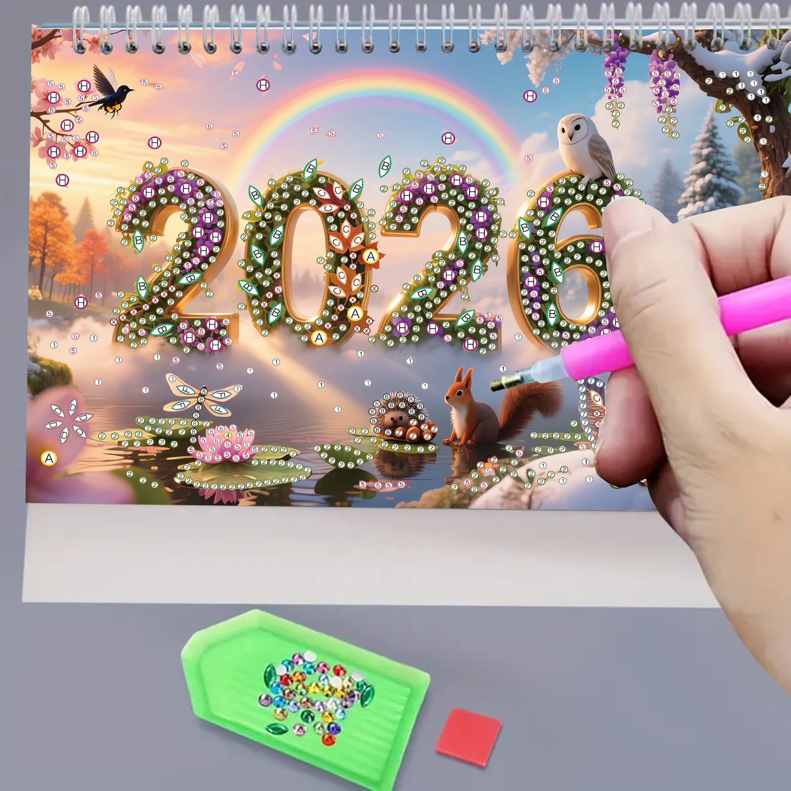FLOPESN 2026 Desk Calendar DIY Diamond Painting Craft Kit – Complete Paper Calendar with Special Drills, Holiday Wreath & Gnome Themes for Home Office Decor-Mountain Squirrel