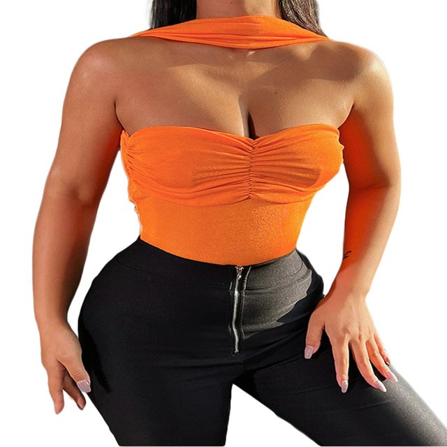 Body Femme Été Couleur Unie Col Halter Sans Manches Ajusté pour Femmes Orange/noir S/M/L