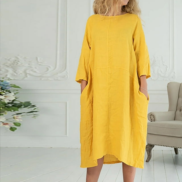 Jusqu'à 65 % de Réduction! Robes de Mode Été pour Femmes 2024 Grande Taille Printemps et Col Rond Coton et Lin Décontracté avec Poches Manches Courtes