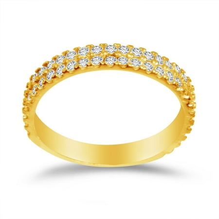 Round Gold Pave Ring (Solid 14k Yellow Gold 3mm Round Cut Two Rows Pave Set Anniversary Ring Wedding Band CZ Cubic Zirconia 1.0cttw. , Size)