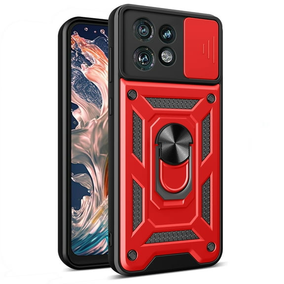 CCSmaller for Motorola Edge 40 Pro Case with Slide Camera Cover for Men, Military Grade Drop Protective Phone Cover Case with Ring Kickstand for Motorola Moto Edge 40 Pro SJ Red