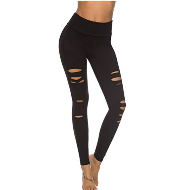 Leggings de entrenamiento de yoga para mujer, pantalones de yoga de cintura alta, corte rasgado, control de barriga, entrenamiento, correr, yoga, leggings ajustados, negro