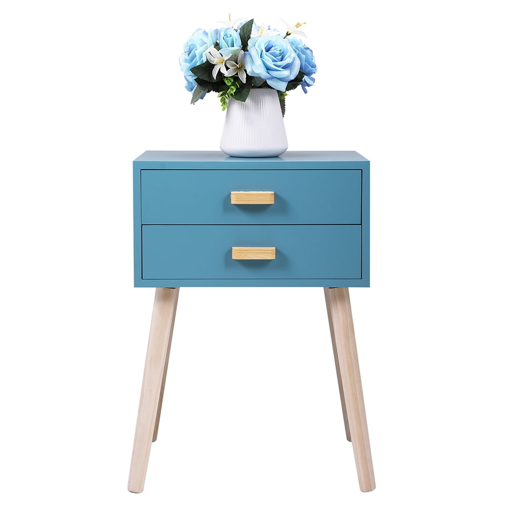 Kadyn Mid-Century Side Table, 2-Drawer Nightstand, Accent or End Table with Storage, Wood, Blue-1PCS