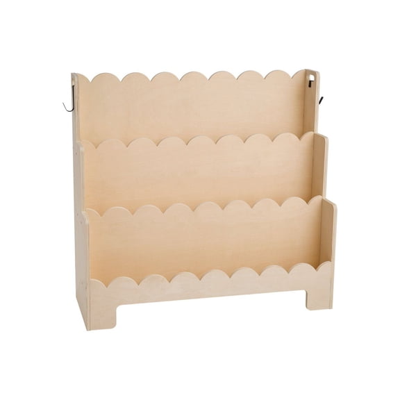 Montessori Bookshelf 3 Tier - Scalloped Kids Bookcase, Front Facing Toddler Shelf with Hooks, Baby Room Furniture for Living Room, Nursery, Preschool