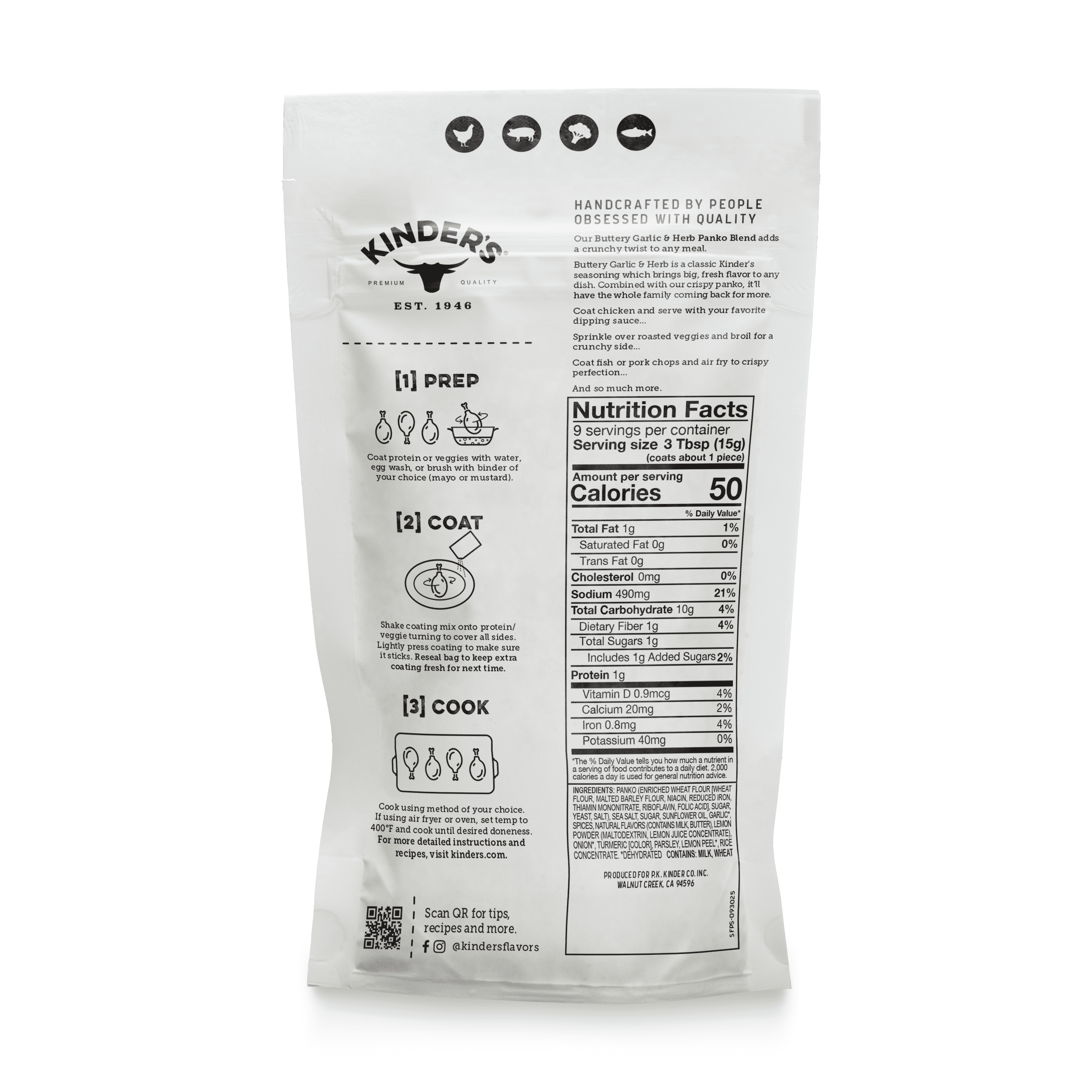 (3 pack) Kinder's Buttery Garlic & Herb Seasoned Panko Bread Crumb Coating Mix, 5 oz Pouch