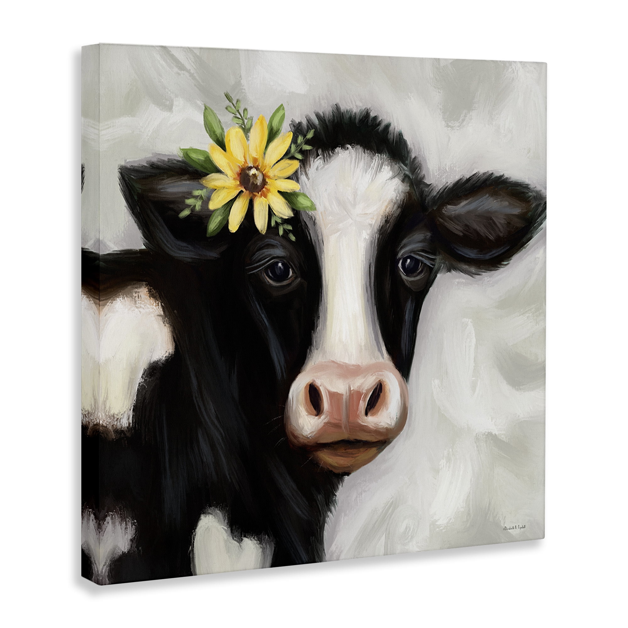 Stupell Industries Cow with Yellow Daisy Animals & Insects Painting Gallery Wrapped Canvas Art Print Wall Art, 17 x 17