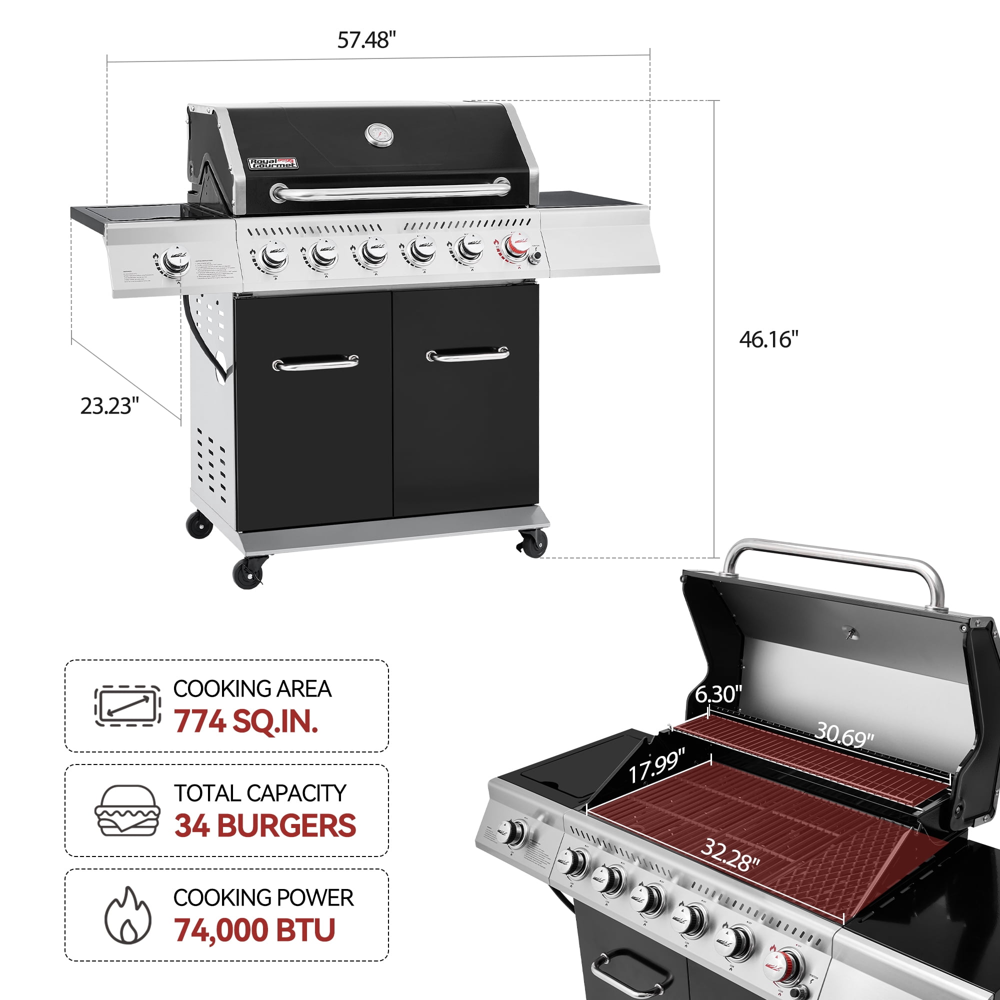 Royal Gourmet GA6402H 6-Burner BBQ Gas Grill with Sear Burner and Side Burner, Cabinet Style Grill for Outdoor Grilling, Black