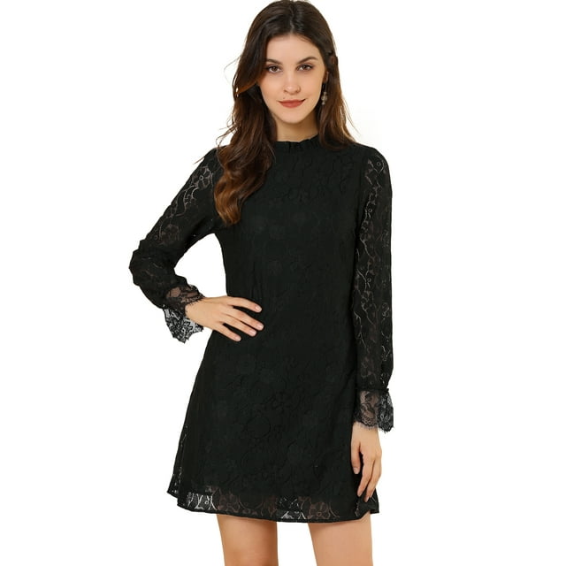 Mini vestido de encaje floral elegante formal con cuello redondo y volantes para mujer Negro XL