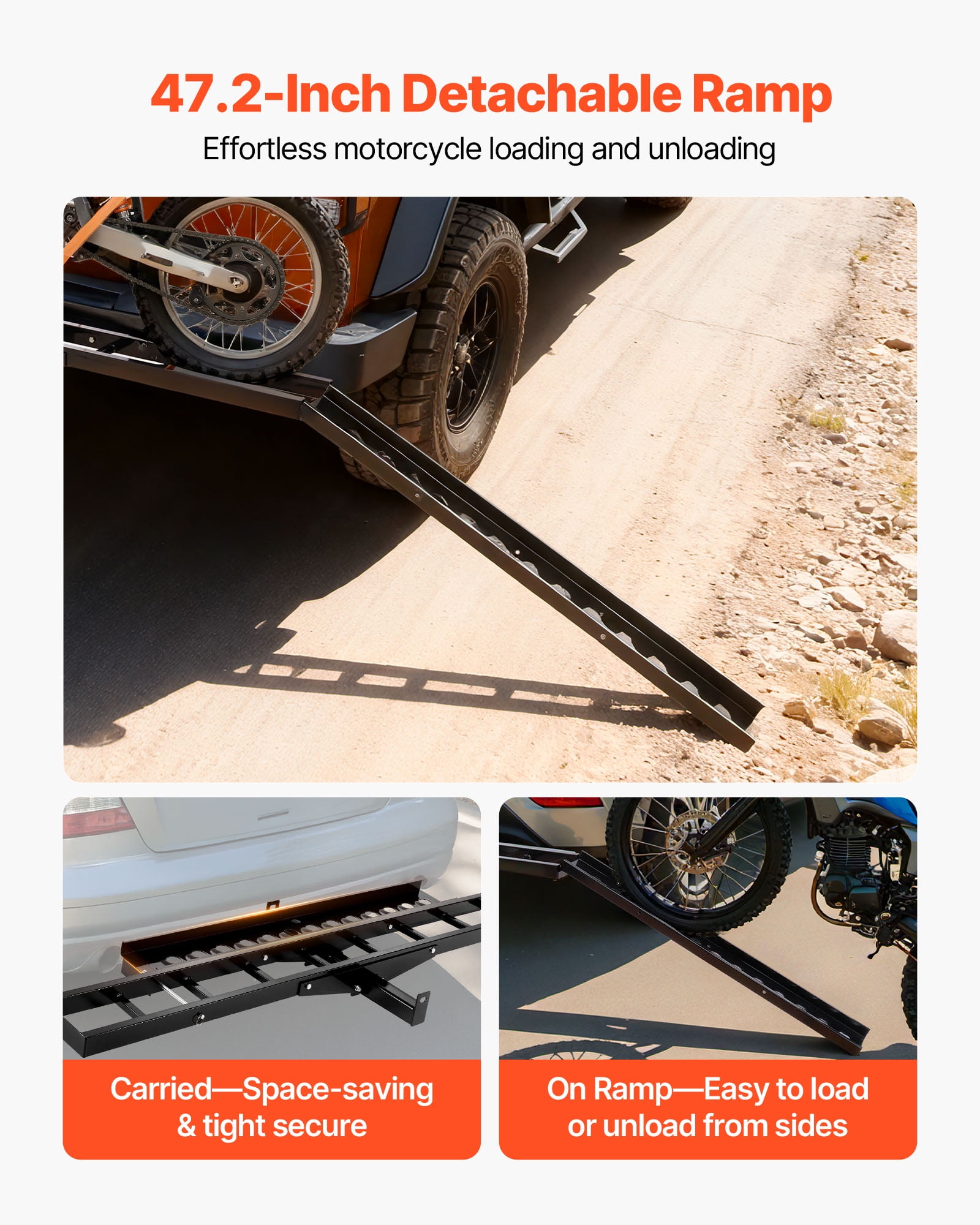 VEVOR Motorcycle Carrier, 500 lbs Capacity, Heavy Duty Steel Hitch Mount Rack with 47in Ramp, Ratchet Straps & Stabilizer, Scooter Dirt Bike Trailer Hauler for Car Truck with 2-Inch Hitch Receiver